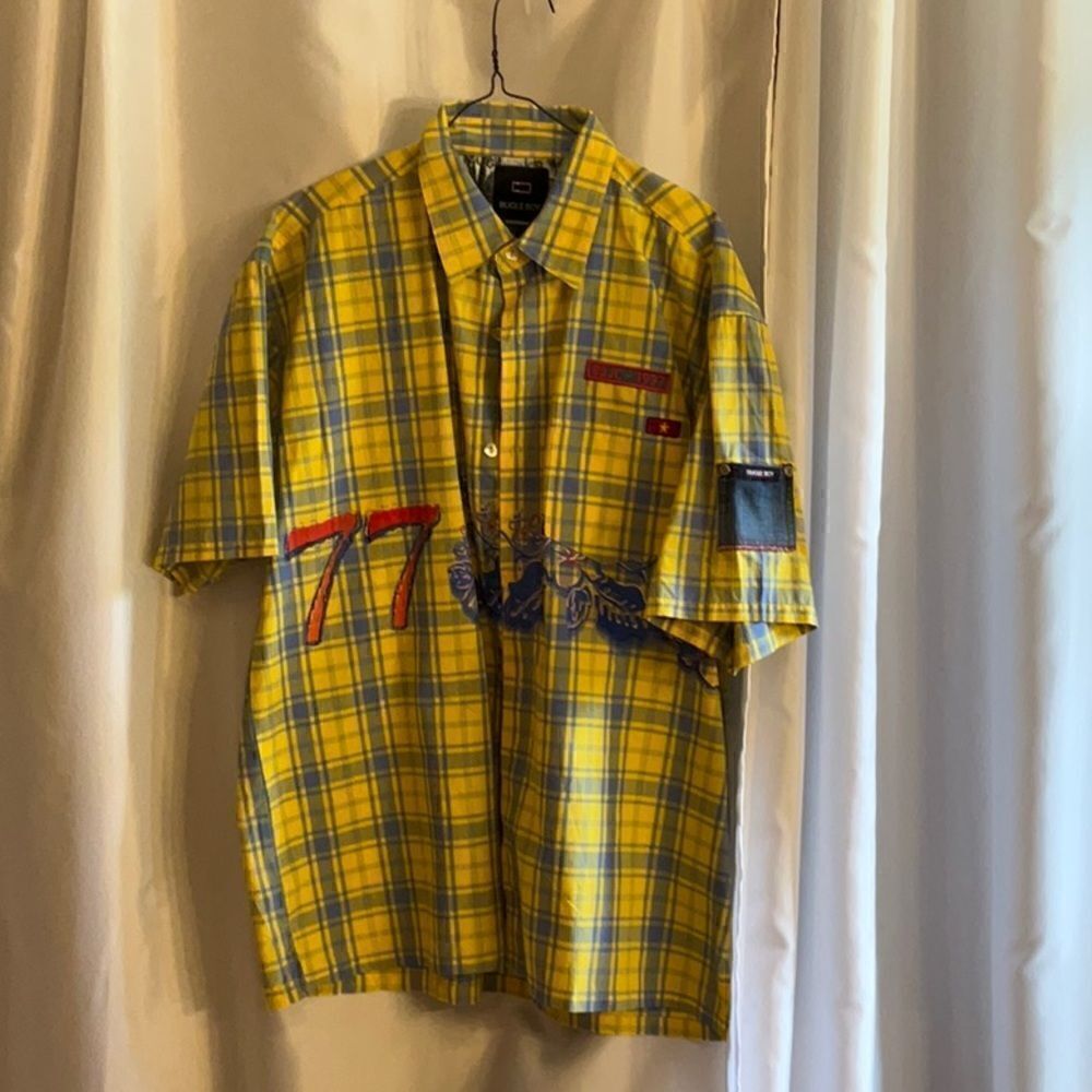 NWOT BUGLE BOY HAWIAN STYLE SHIRT in bright yellow & light blue in size large